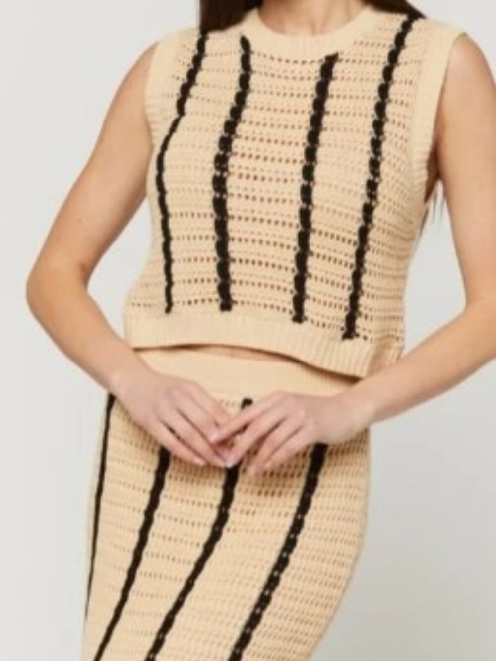 Sleeveless Crochet Maxi Set in Beige with Black Stripes
